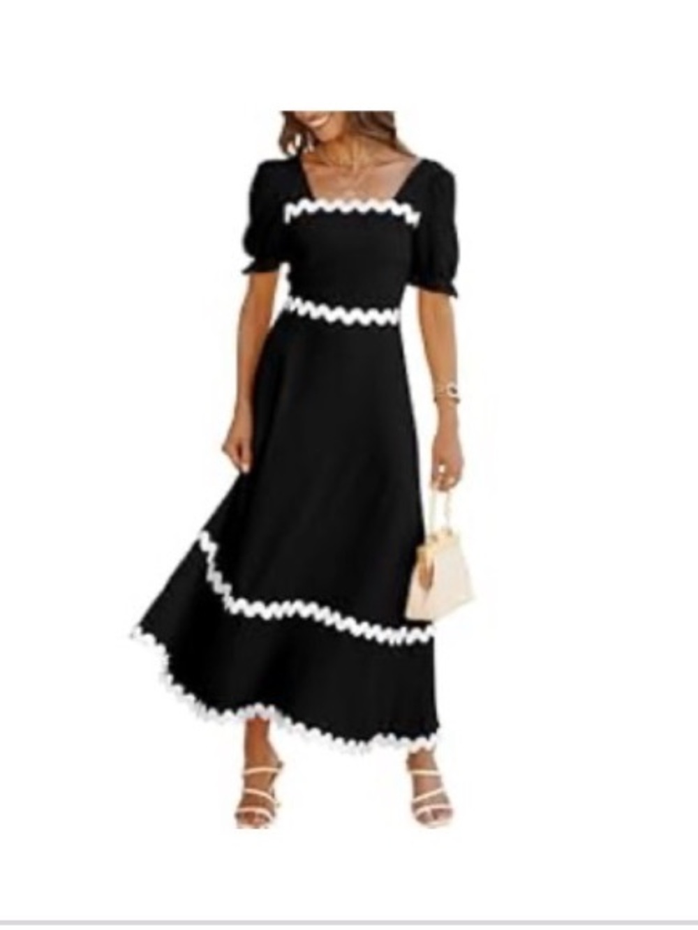 Elegant Black Dress with White Wave Trim